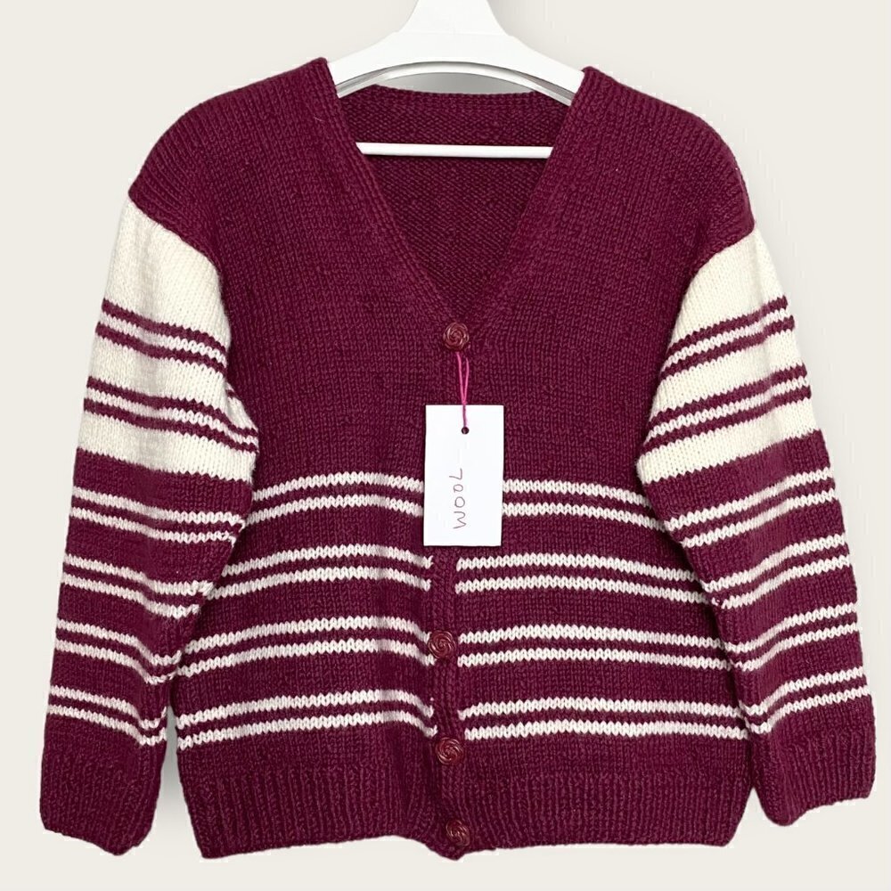 HAND Knit Cream and Burgundy V Neck Wool Cardigan
